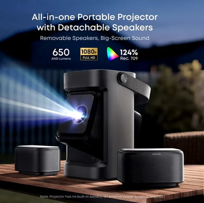 Nebula P1 projector with detachable speakers on an outdoor table