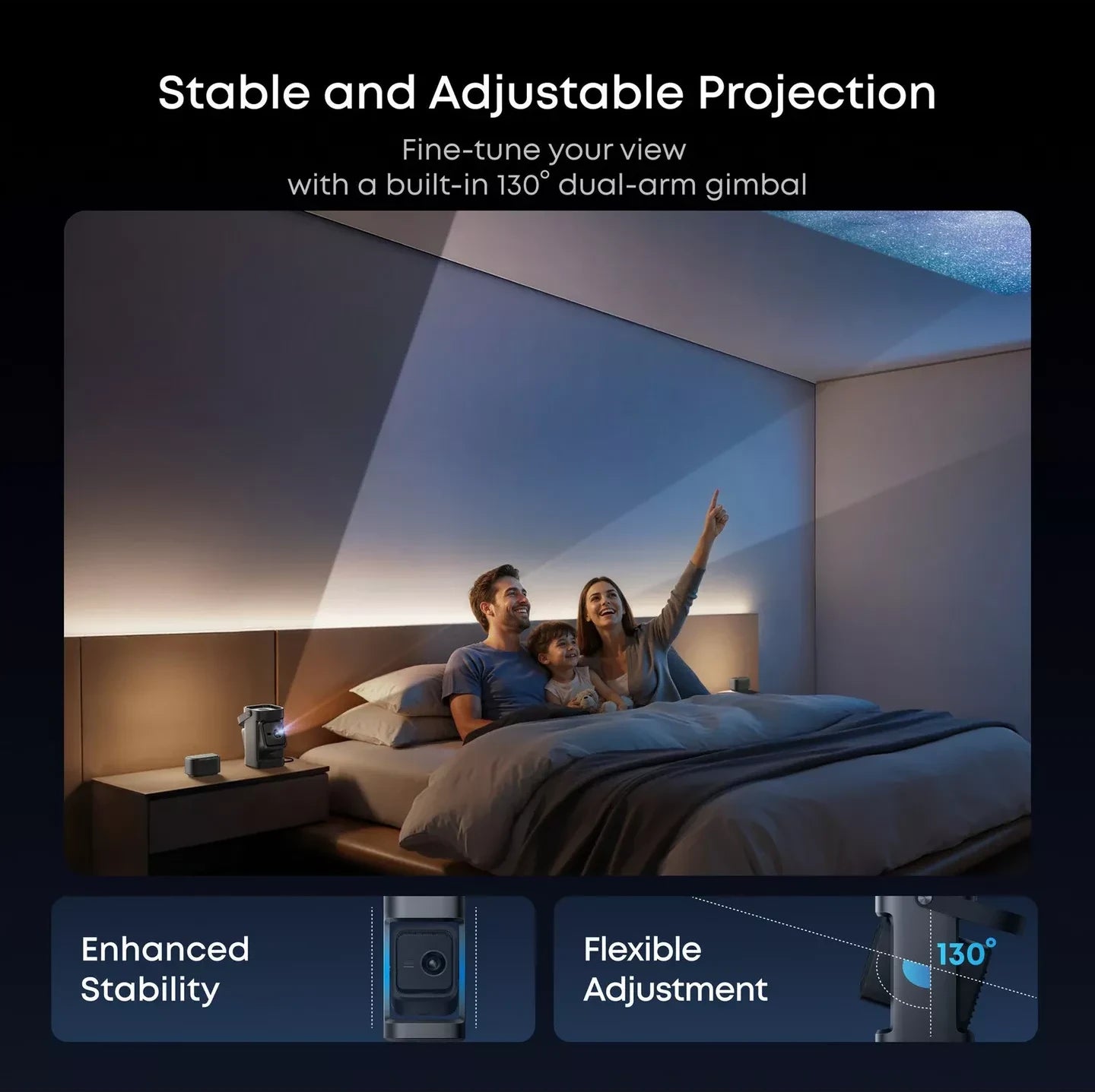 Nebula P1 projecting onto a bedroom ceiling using its 130° gimbal
