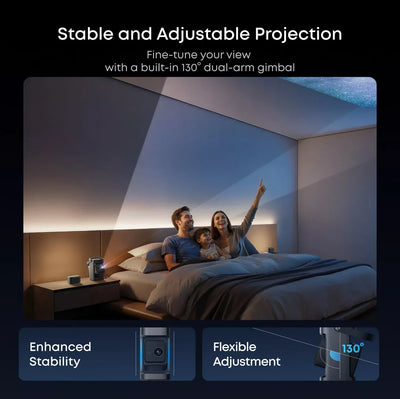 Nebula P1 projecting onto a bedroom ceiling using its 130° gimbal