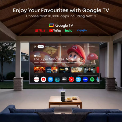 Nebula P1 showing the Google TV home screen in a garden